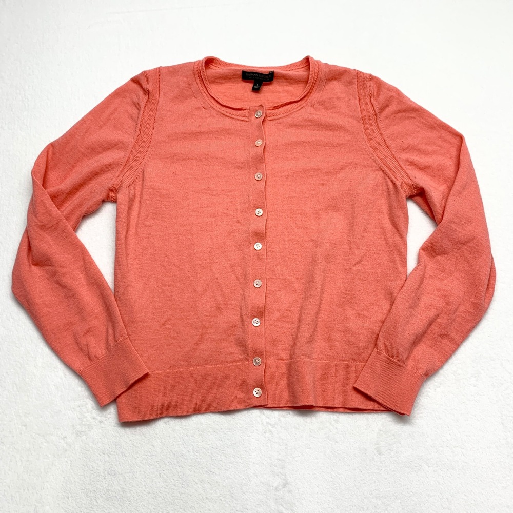 Banana Republic Merino Wool Cardigan Womens Size L Coral Pink Button Up‎ Sweater